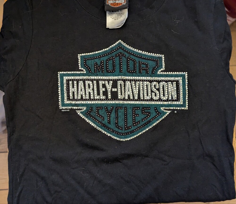 Girls-Harley-Davidson Black Short Sleeve Tee with Teal Logo and Rhinestones